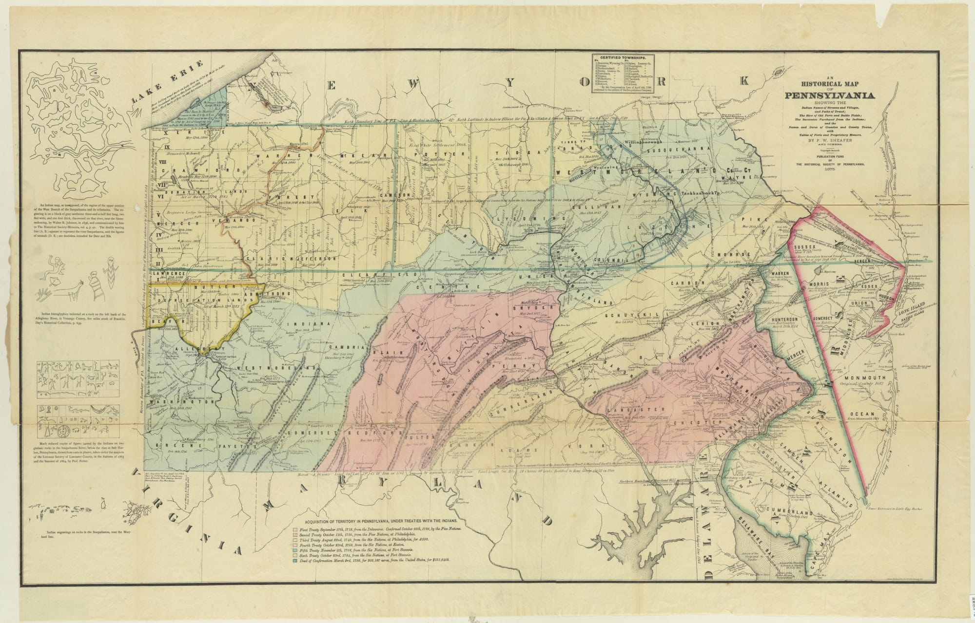 An historical map of Pennsylvania : showing the Indian names of streams and villages, and paths of travel : the sites of old forts and battlefields : the successive purchases from the Indians : and the names and dates of counties and county towns : with tables of forts and proprietary manors